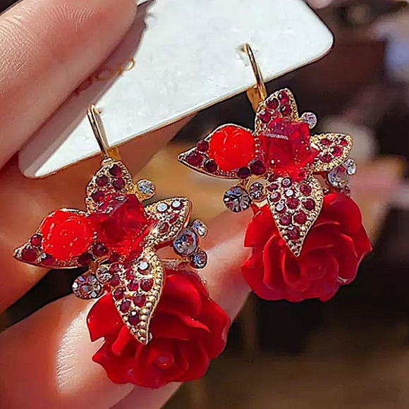 Rhinestone Rose Drop Flower Earrings - Picture 2 of 8